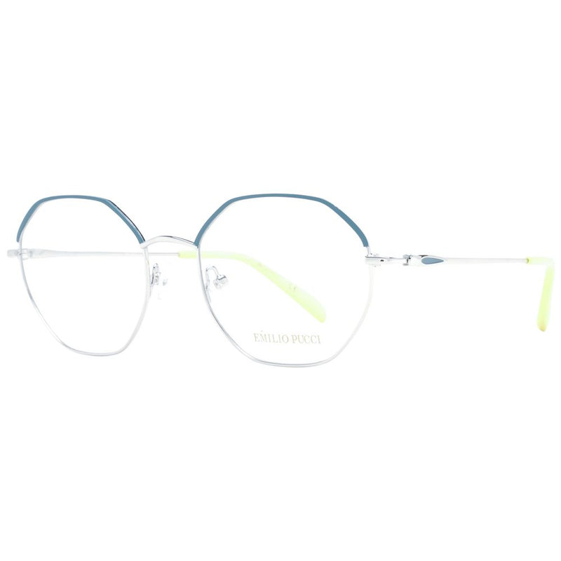 Emilio Pucci gray metal geometric eyeglass frames with blue top rims and yellow temple tips