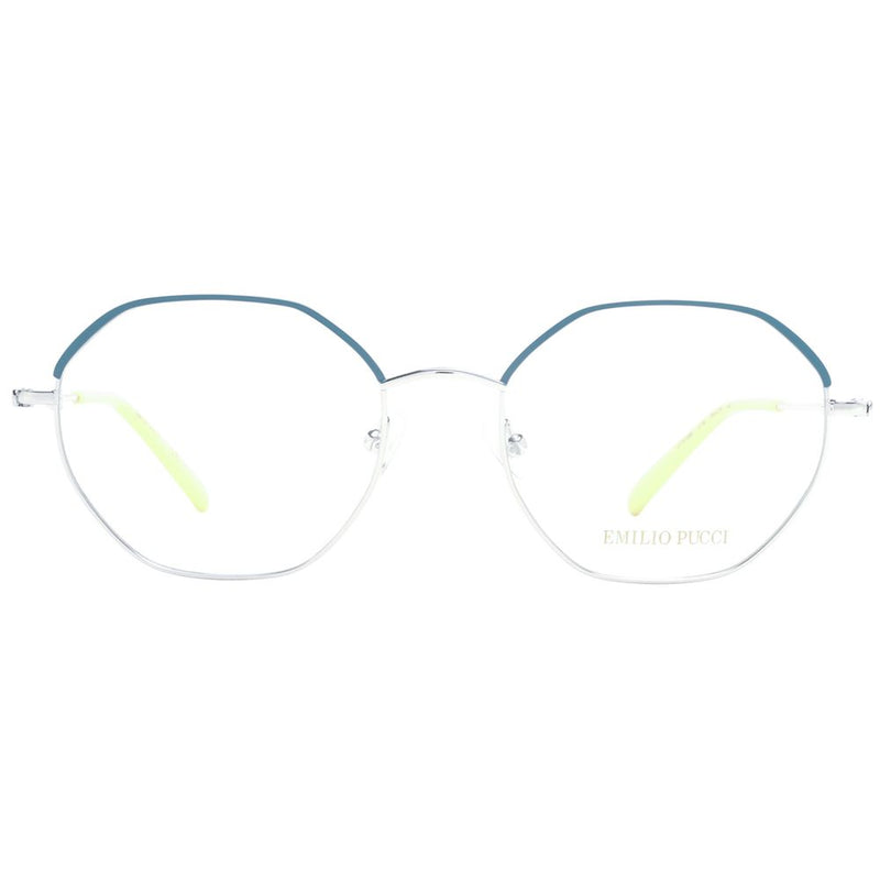 Emilio Pucci gray metal eyeglass frames with rounded hexagonal lenses and blue brow accents
