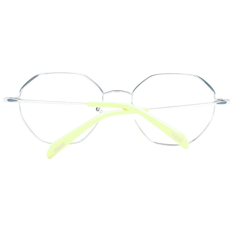 Emilio Pucci silver metal eyeglass frames with geometric lenses and yellow temple tips
