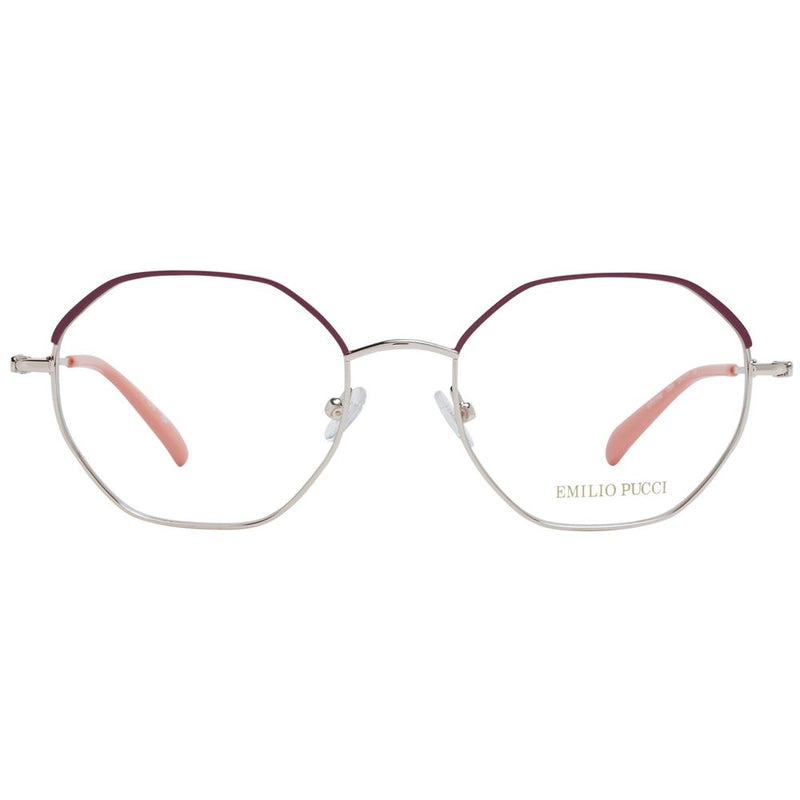 Emilio Pucci multicolor metal eyeglass frames with silver rims, dark purple top borders, and pink temple tips