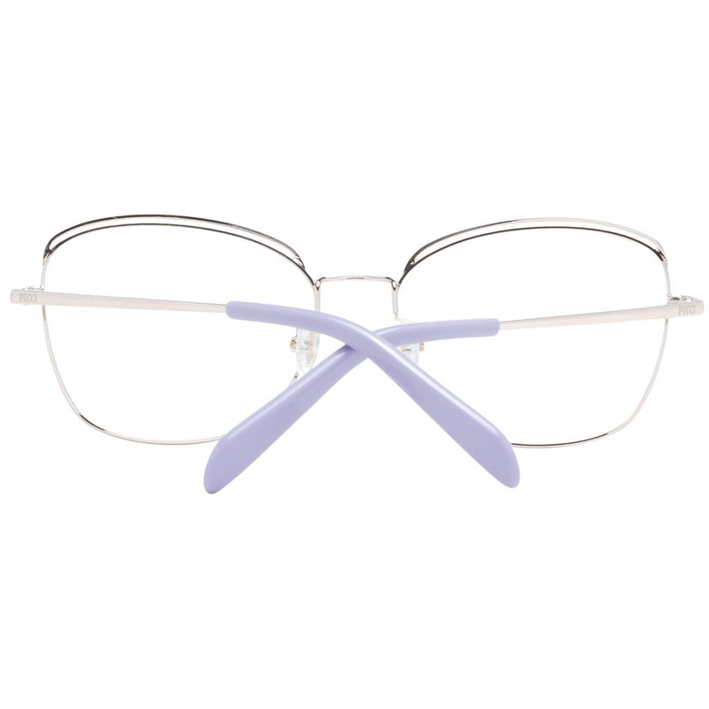 Thin silver metal glasses frames with light purple temple tips shown from the back