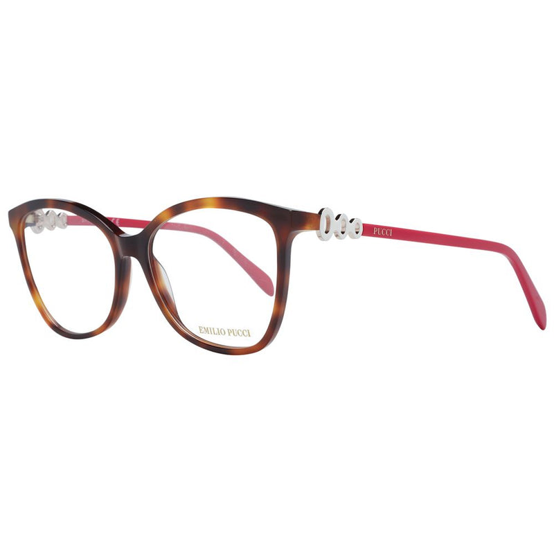 Emilio Pucci brown tortoise shell plastic eyeglass frames with pink arms and silver decorative links