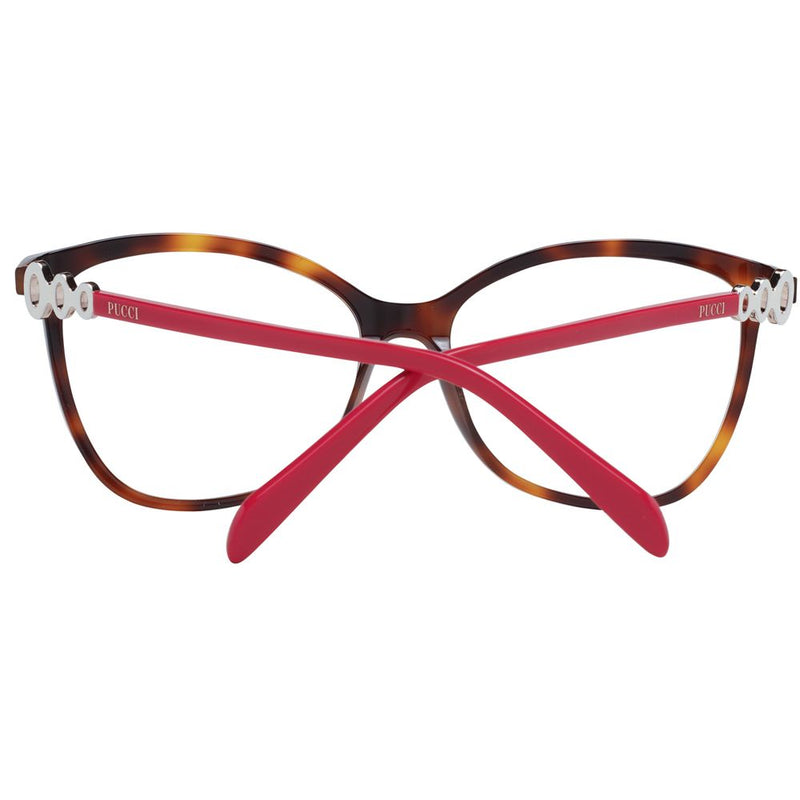 Tortoiseshell plastic eyeglass frames with red temples and silver accents