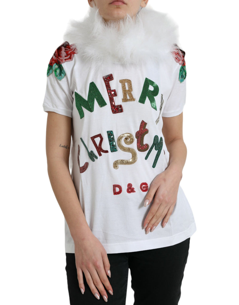 White cotton t-shirt with fluffy fur collar, colorful sequin Christmas text, and floral shoulder patches