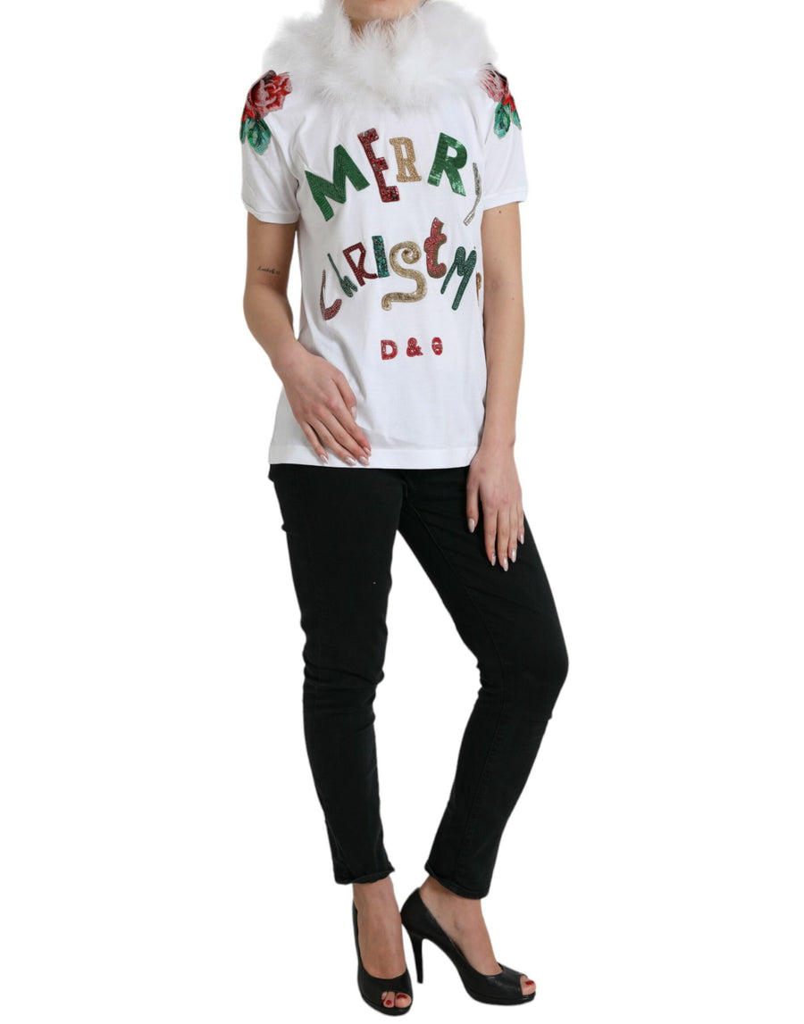 White cotton t-shirt with fluffy fur collar, colorful sequin Christmas text, and floral shoulder patches