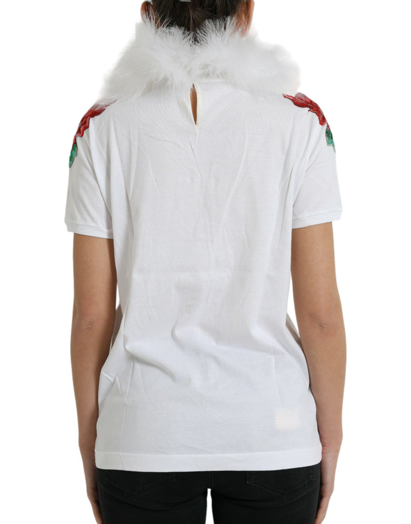 White cotton t-shirt with fluffy white fur collar and red sequin shoulder appliques