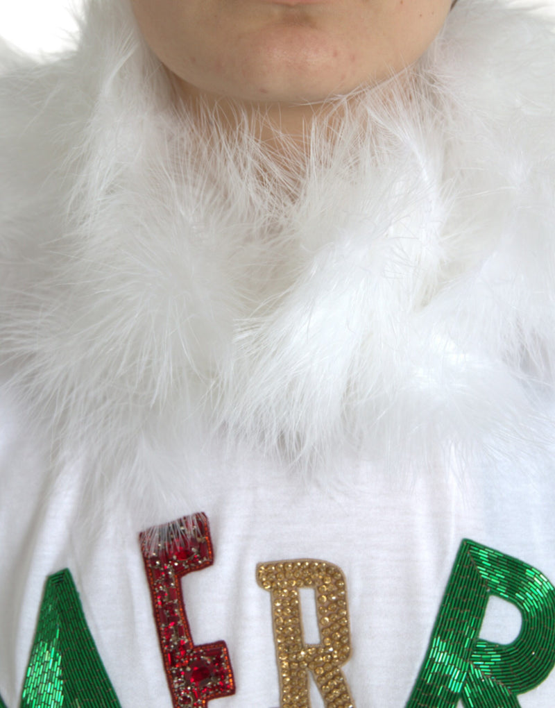 White cotton t-shirt with fluffy white fur collar and colorful sequin letters
