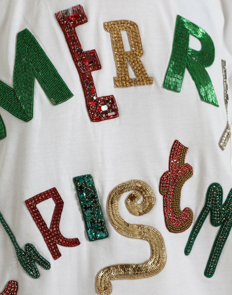 White cotton t-shirt featuring colorful sequin and beaded letters spelling Merry Christmas
