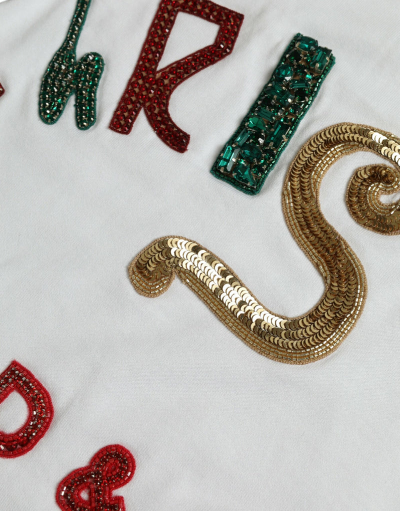White cotton t-shirt featuring colorful beaded and sequined letters