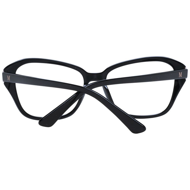 Glossy black plastic cat-eye eyeglass frames with M logo on temples