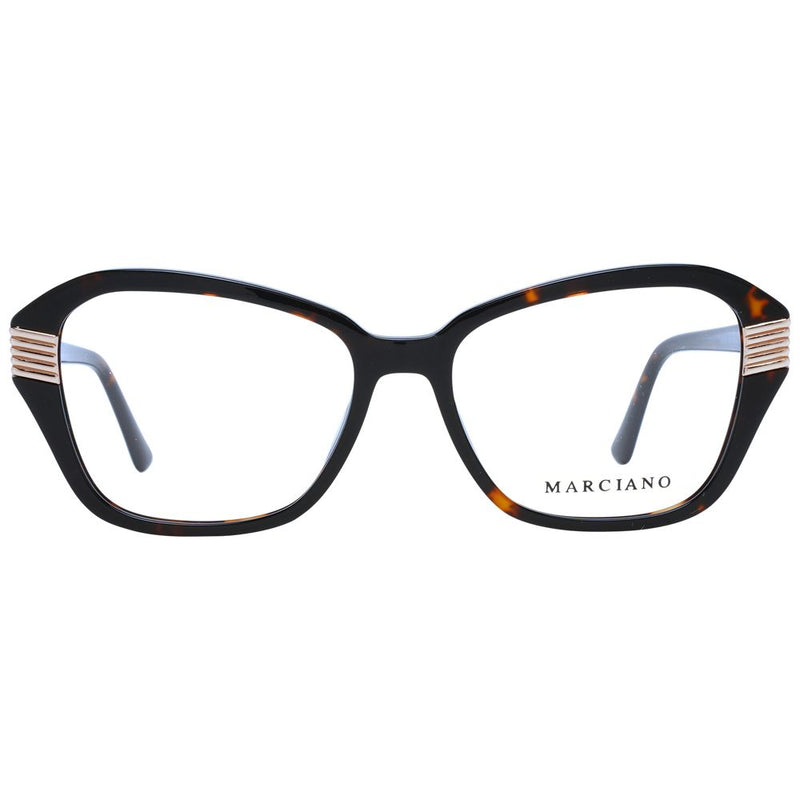 Brown tortoiseshell plastic eyeglass frames with cat-eye shape and gold metal side accents