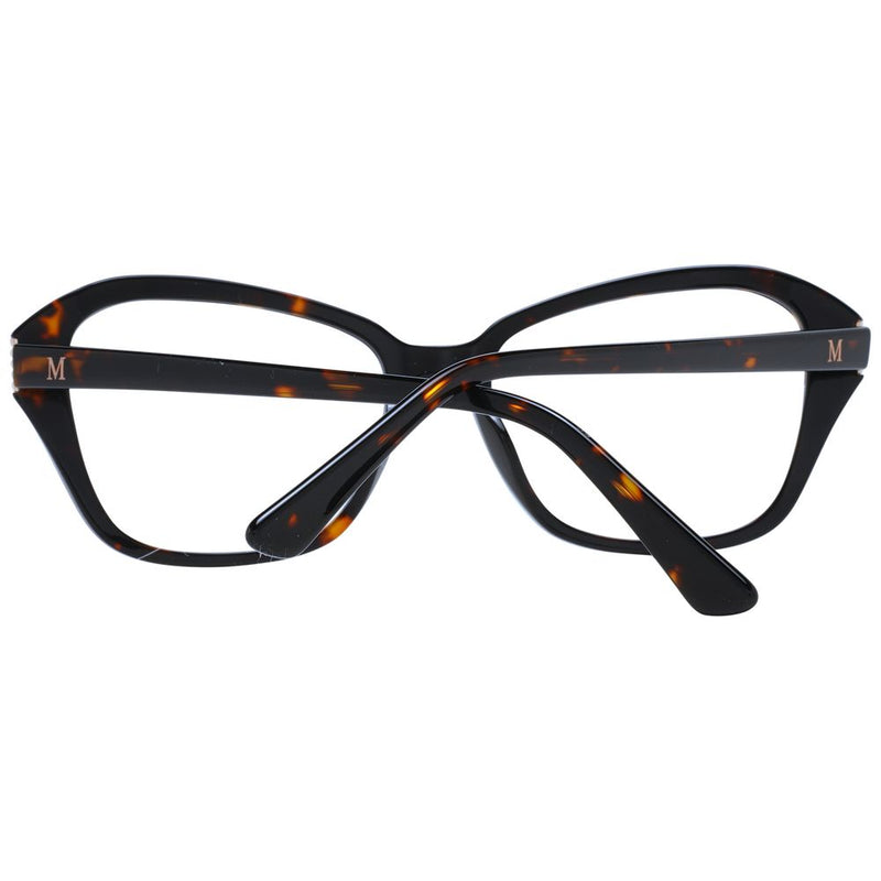 Brown tortoiseshell plastic eyeglass frames with bold cat eye style and letter M on the arms