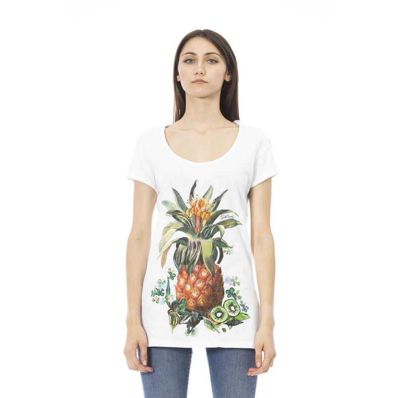 White cotton women's t-shirt with a scoop neck and a large pineapple fruit graphic on the front