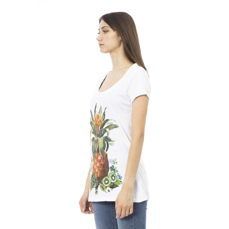 White cotton women t-shirt with a pineapple print worn by a model
