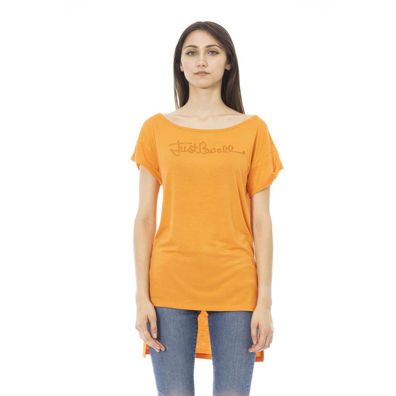 Orange cotton women t-shirt with short sleeves and logo print