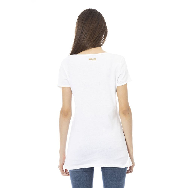 Woman wearing a plain white cotton short-sleeve t-shirt with a small gold logo on the back neckline
