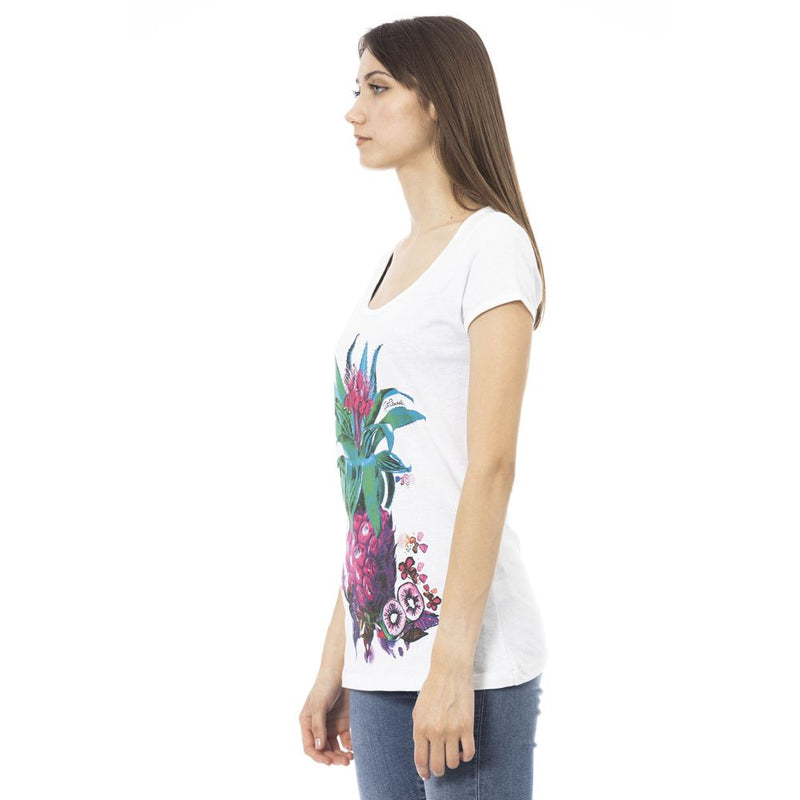 White cotton short-sleeve women t-shirt with a colorful pineapple graphic print worn by a model sideways