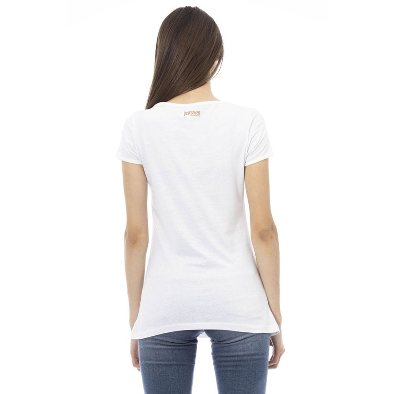 Woman wearing a plain white cotton short-sleeve t-shirt with a small gold logo on the back collar