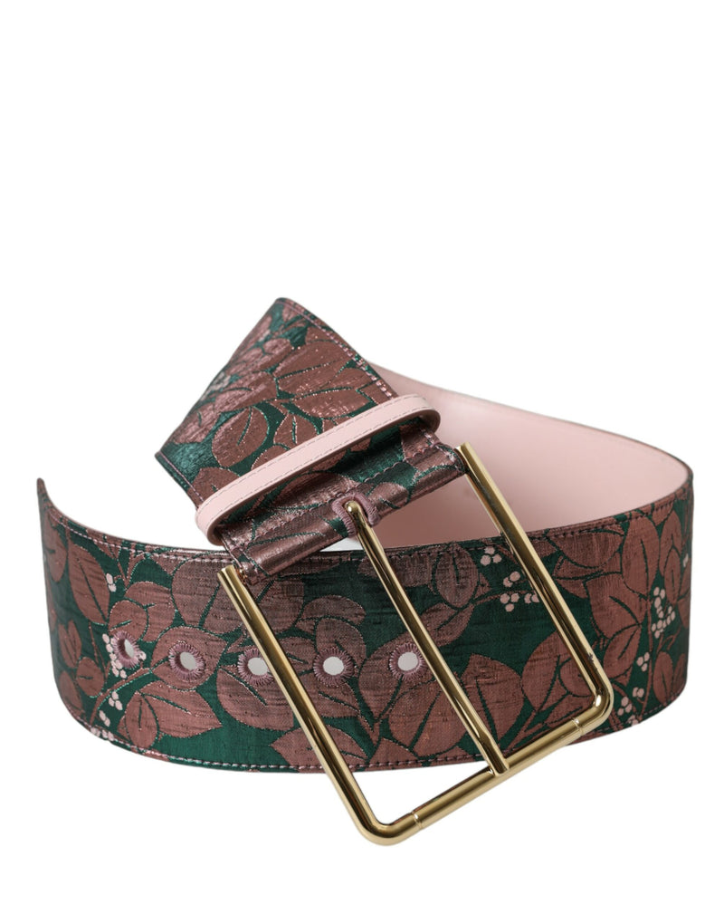 Green and pink floral jacquard belt with a large gold-toned rectangular buckle