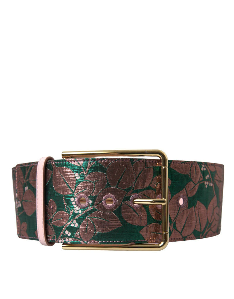 Green and metallic pink floral jacquard belt with a gold buckle