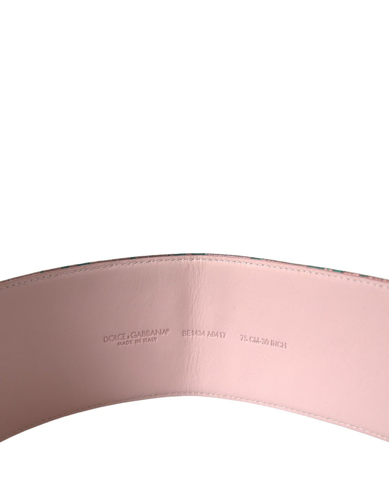 Close up of the pink leather interior of a Dolce and Gabbana belt with brand stamp
