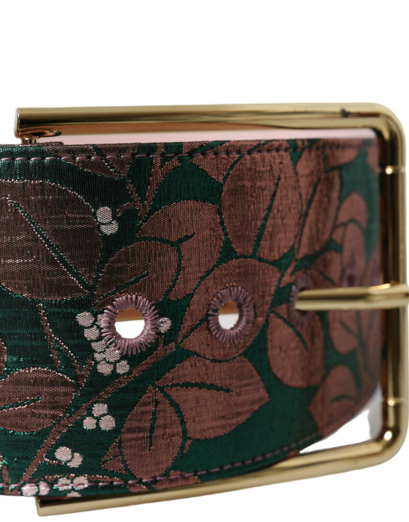 Green and bronze floral jacquard belt with a shiny gold buckle