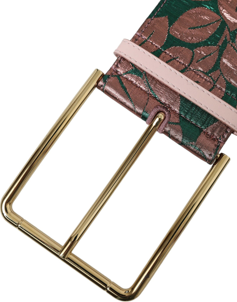 Dolce & Gabbana green and pink floral jacquard lurex belt with a rectangular gold buckle