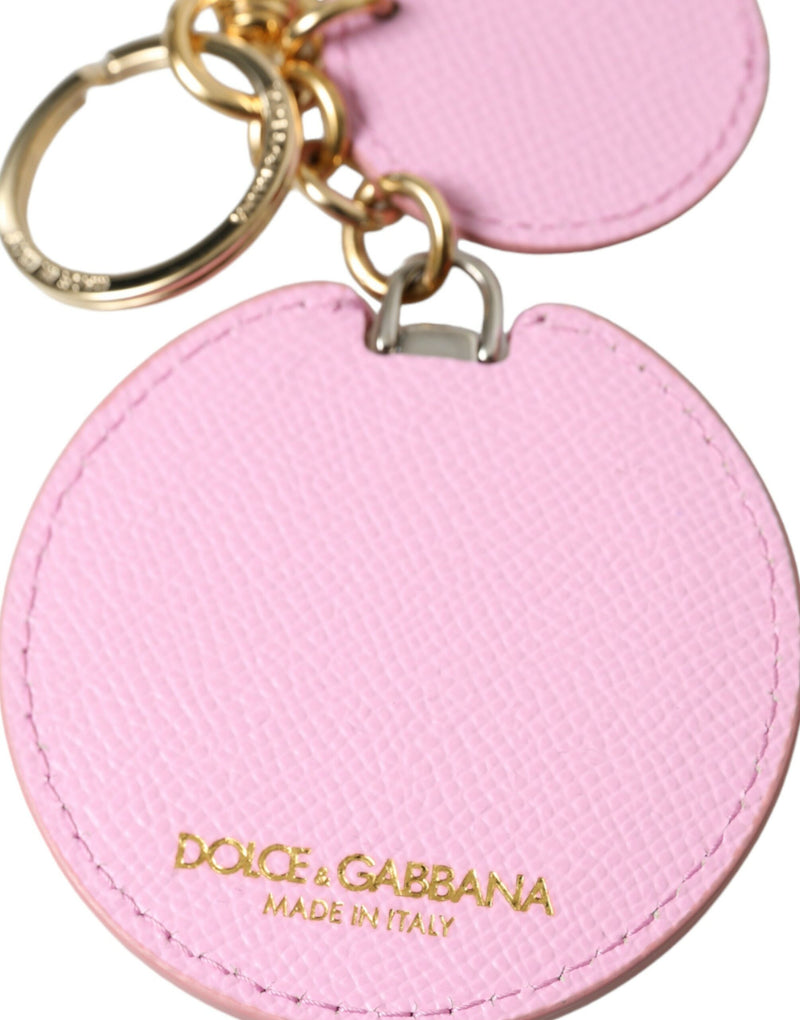 Pink calf leather keychain with gold metal hardware and logo print
