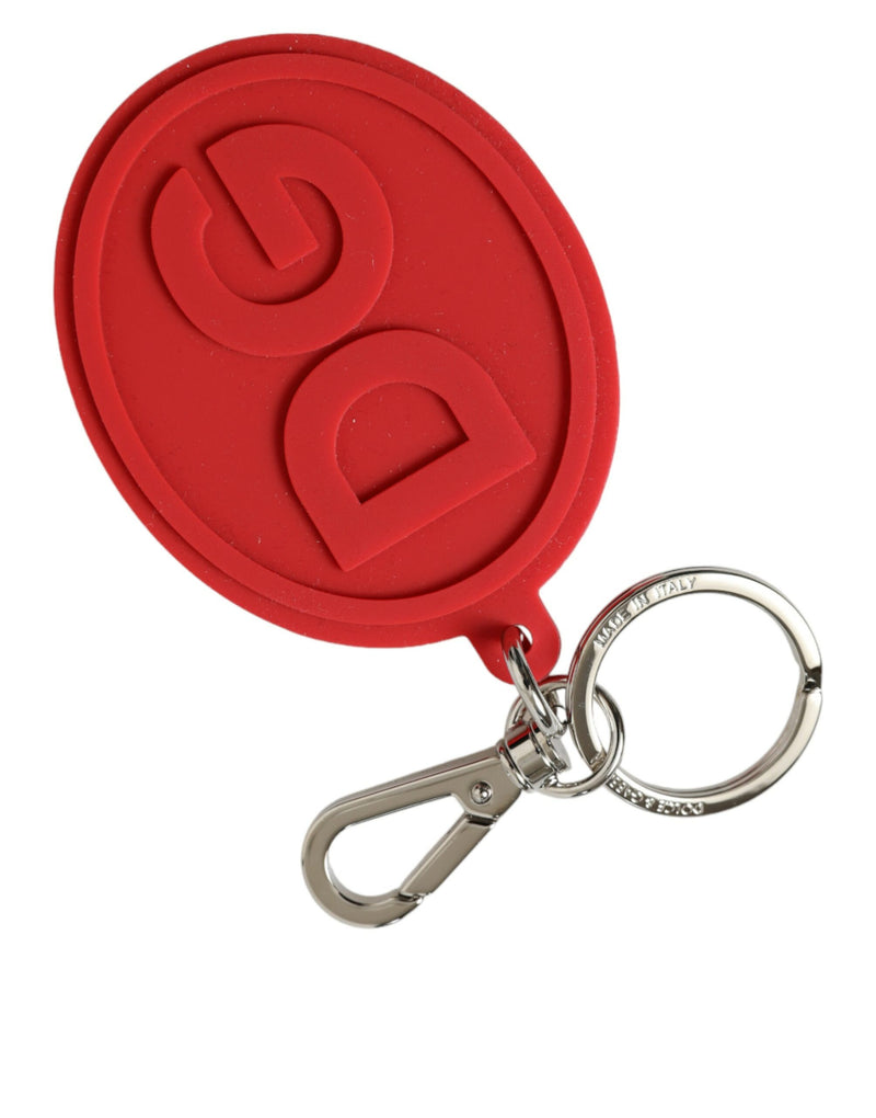 Red rubber oval keychain with embossed DG logo and silver metal clasp and ring