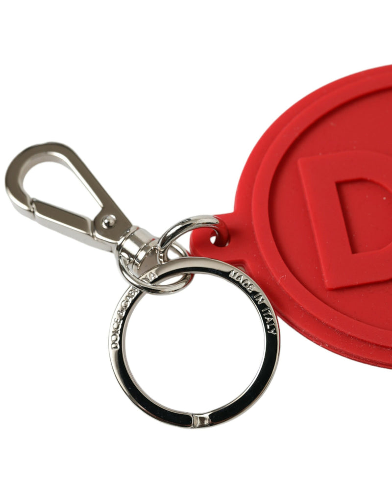Red rubber and silver metal Dolce & Gabbana keyring with round DG logo charm and lobster clasp