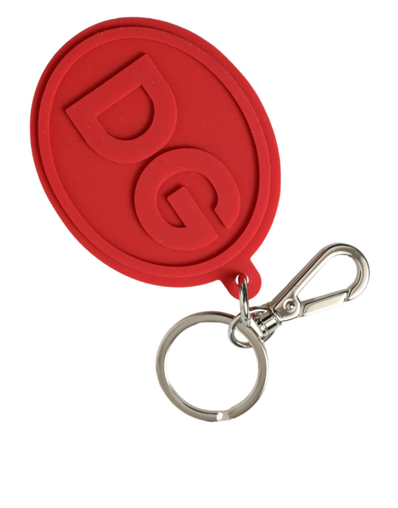 Red rubber oval keychain featuring raised DG logo with silver metal clasp and ring