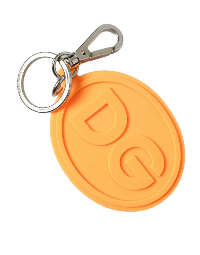 Orange rubber oval keyring with raised DG logo and silver metal clasp