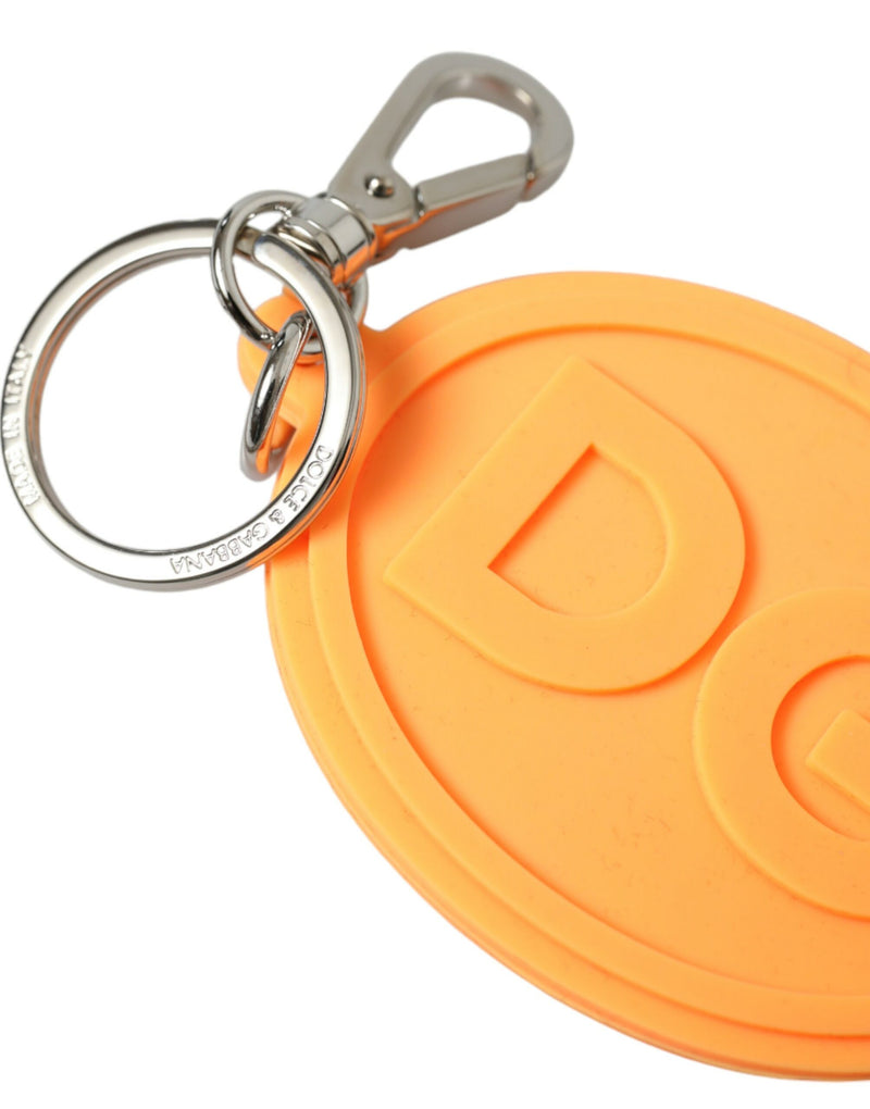 Bright orange rubber oval keychain with embossed DG logo and silver metal hardware