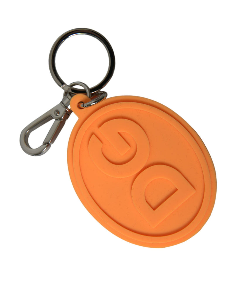 Orange rubber oval keychain with embossed DG logo and silver metal hardware