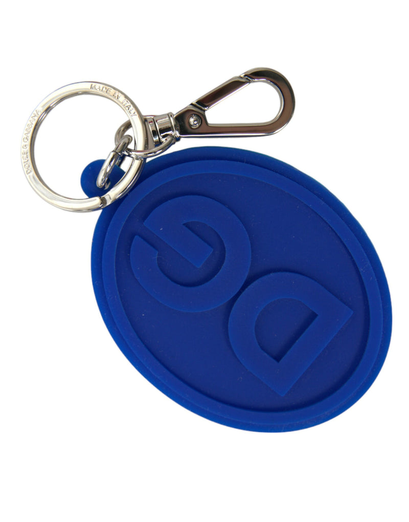 Blue rubber oval keychain with embossed DG logo, attached to a silver metal keyring and clasp