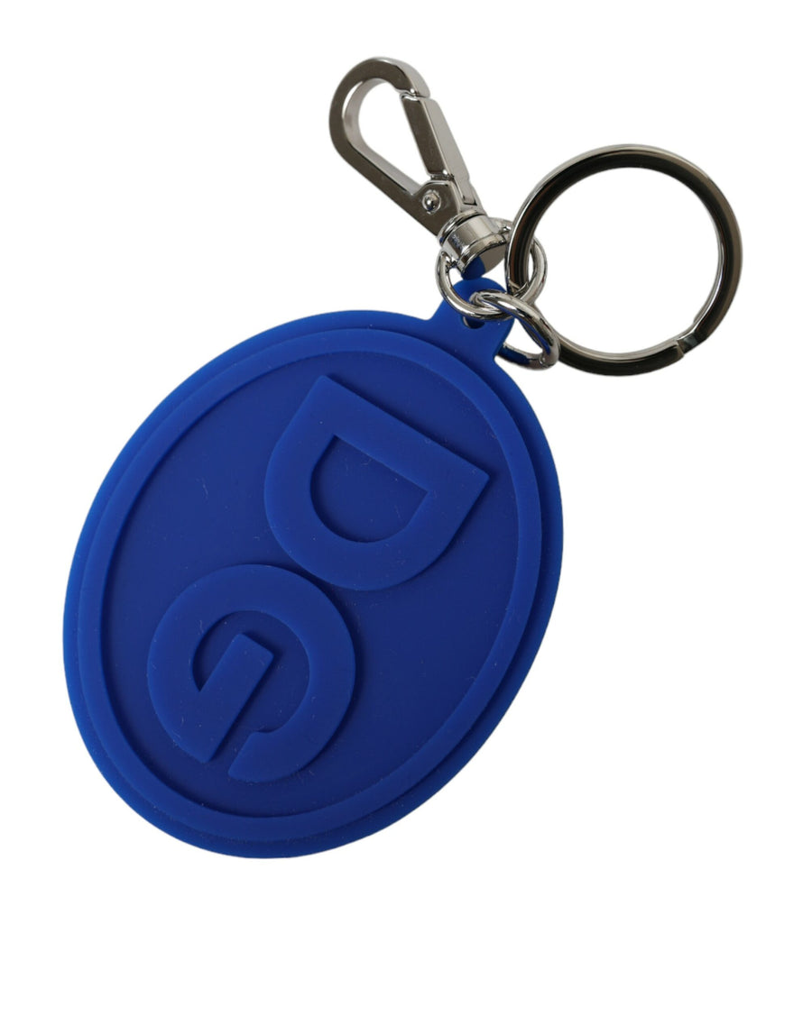 Blue rubber oval keychain with embossed DG logo, attached to a silver metal keyring and clasp