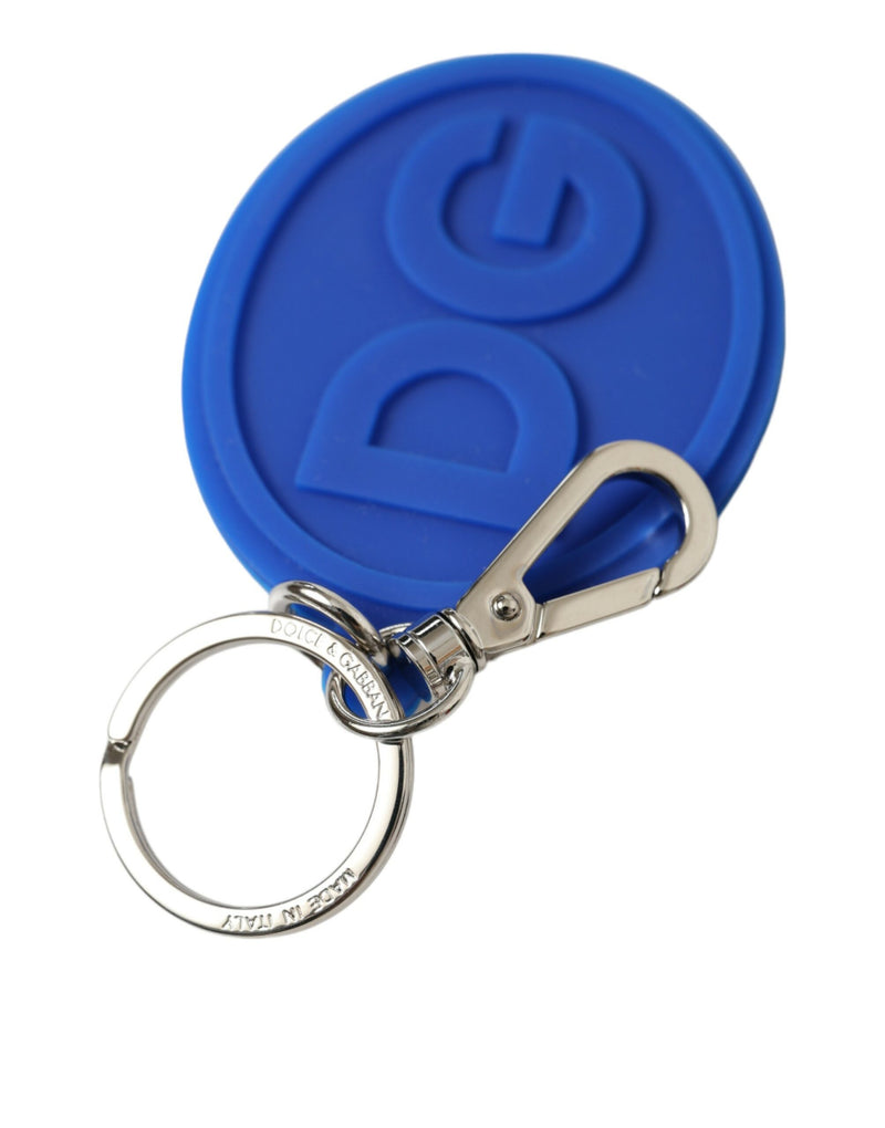 Blue rubber round keychain with embossed DG logo and silver metal clasp and ring