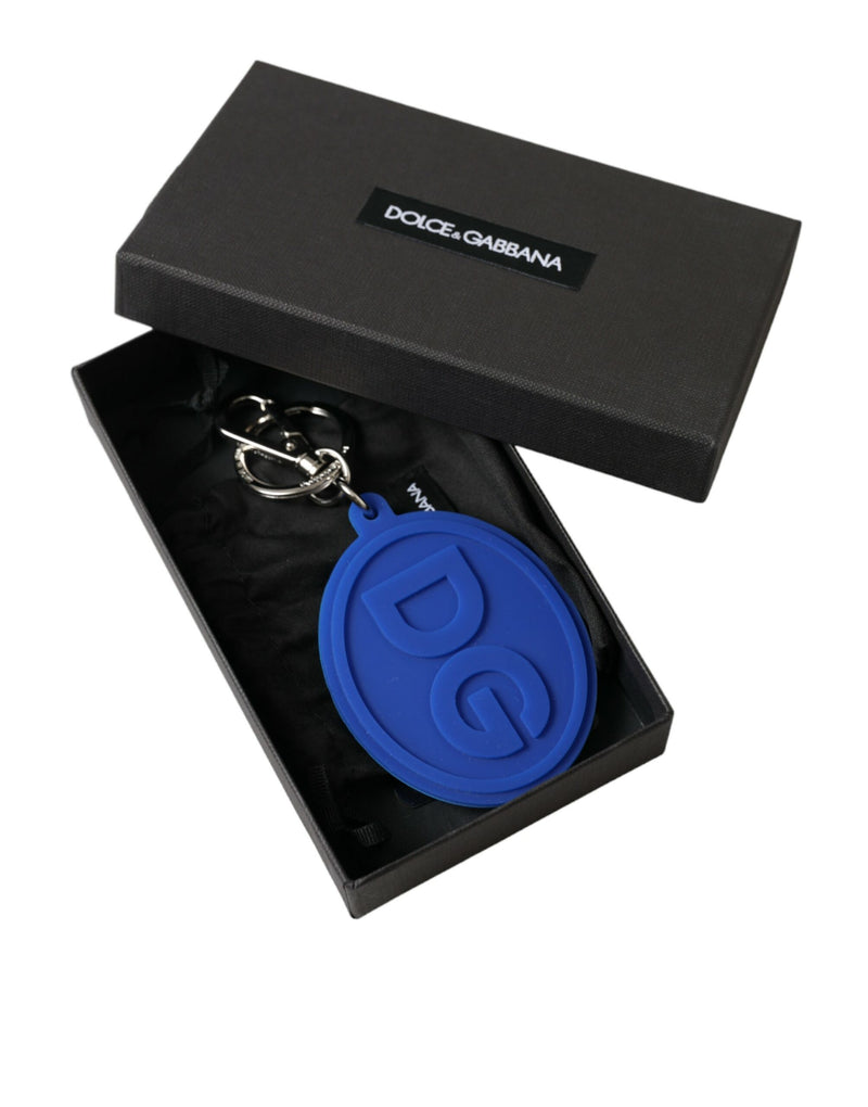 Blue rubber DG logo keychain with silver brass hardware in a black gift box