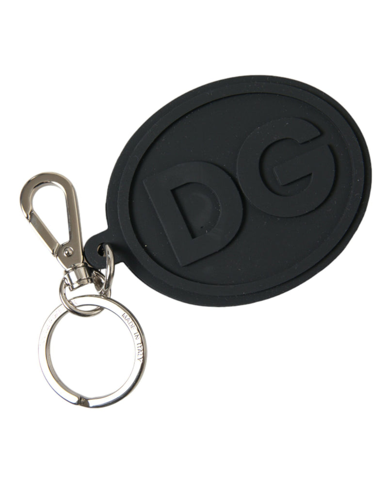 Black rubber oval keychain with debossed DG logo and silver metal hardware
