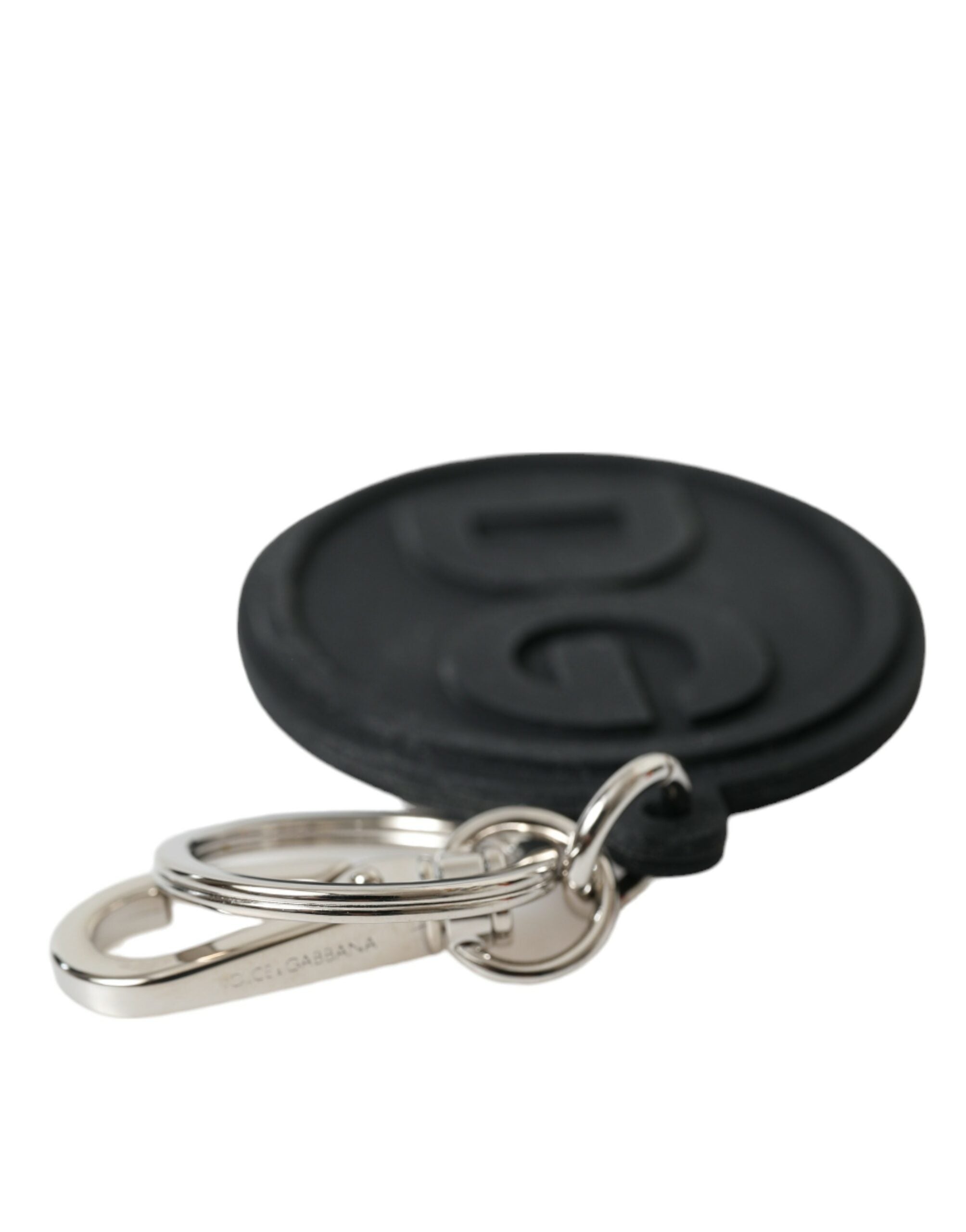 Dolce & Gabbana Black Rubber DG Logo Silver Brass Metal Keyring Keychain