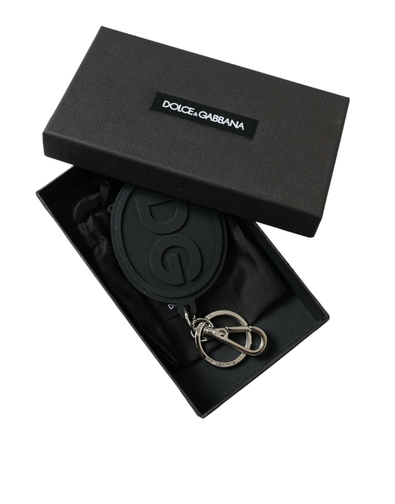 Black rubber DG logo keyring with silver brass hardware in a Dolce & Gabbana box