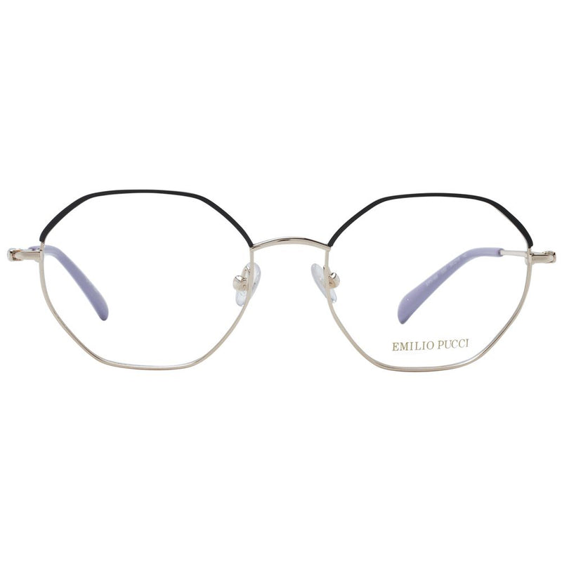 Emilio Pucci black and gold metal eyeglass frames with hexagonal lenses and purple temple tips