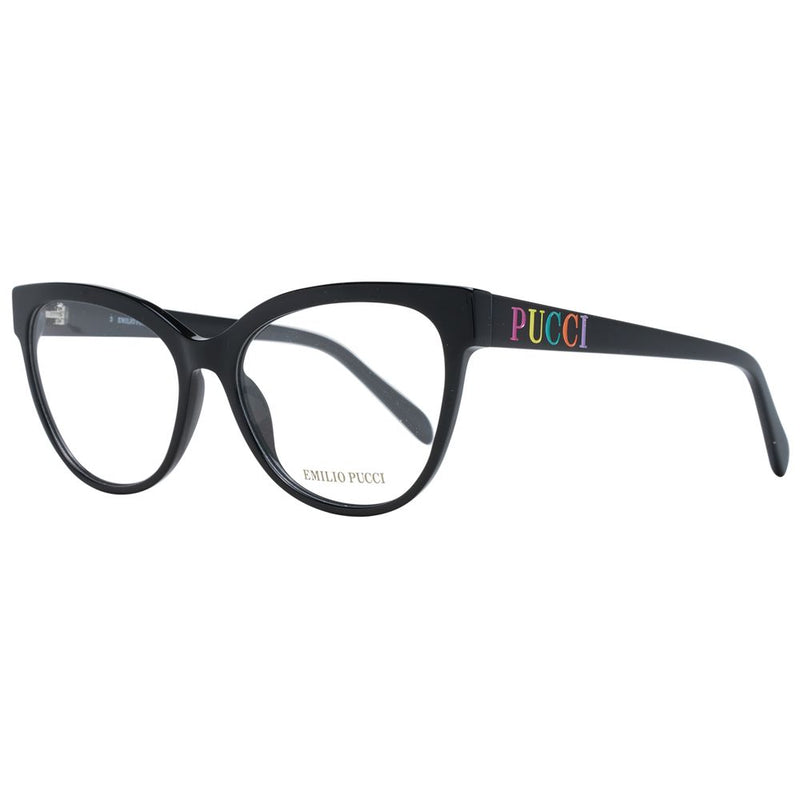 Emilio Pucci black plastic cat-eye glasses frames with multicolored Pucci logo on the temple