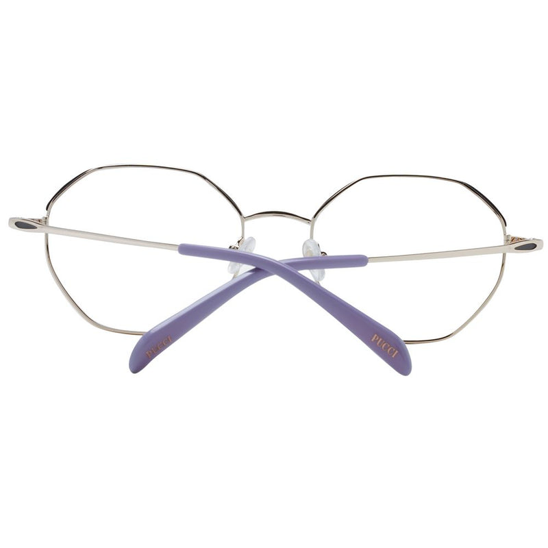 Thin gold metal eyeglasses frames with geometric lenses and purple temple tips