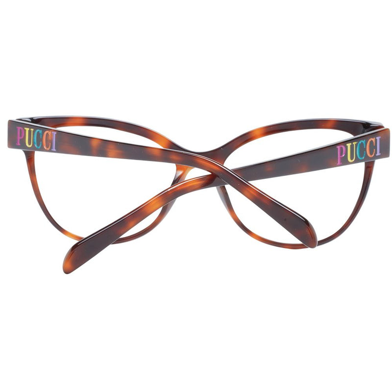Emilio Pucci brown tortoiseshell plastic cat-eye glasses frames with colorful Pucci logo on temples