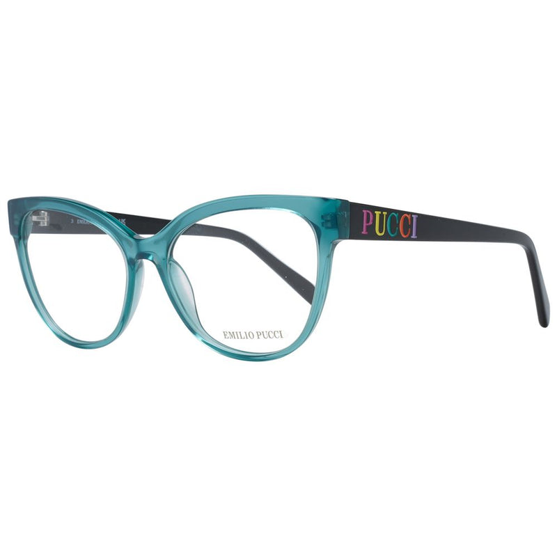 Teal and black plastic cat-eye eyeglass frames with multicolored Pucci logo on temple