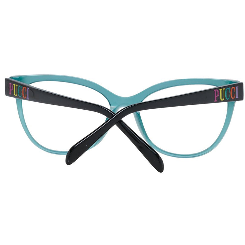 Emilio Pucci turquoise and black plastic cat-eye eyeglass frames with colorful Pucci branding on the temples