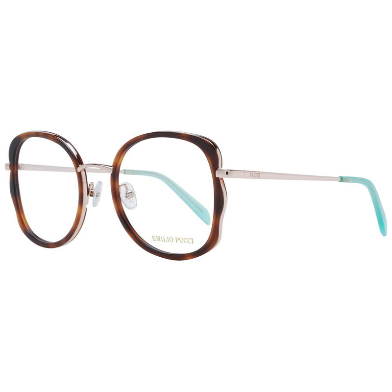 Brown tortoiseshell and rose gold metal eyeglass frames with turquoise temple tips