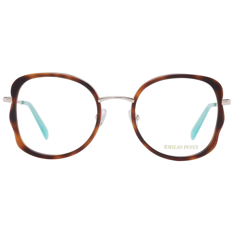 Emilio Pucci brown tortoise shell and metal eyeglass frames with round rims and light blue temple tips