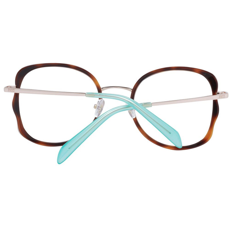 Brown tortoiseshell and gold metal eyeglass frames with turquoise temples